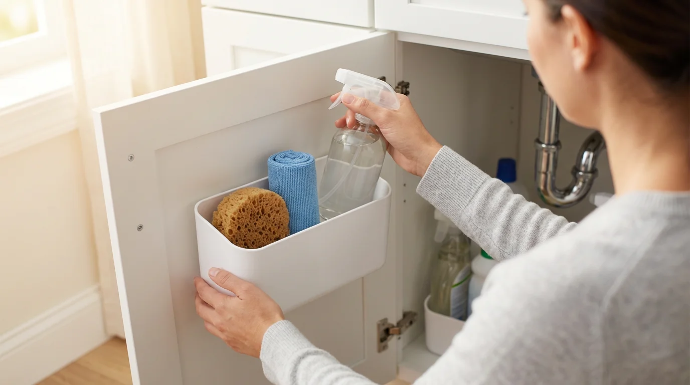 Over-the-shoulder view of a person organizing supplies on a cabinet door-mounted storage rack.