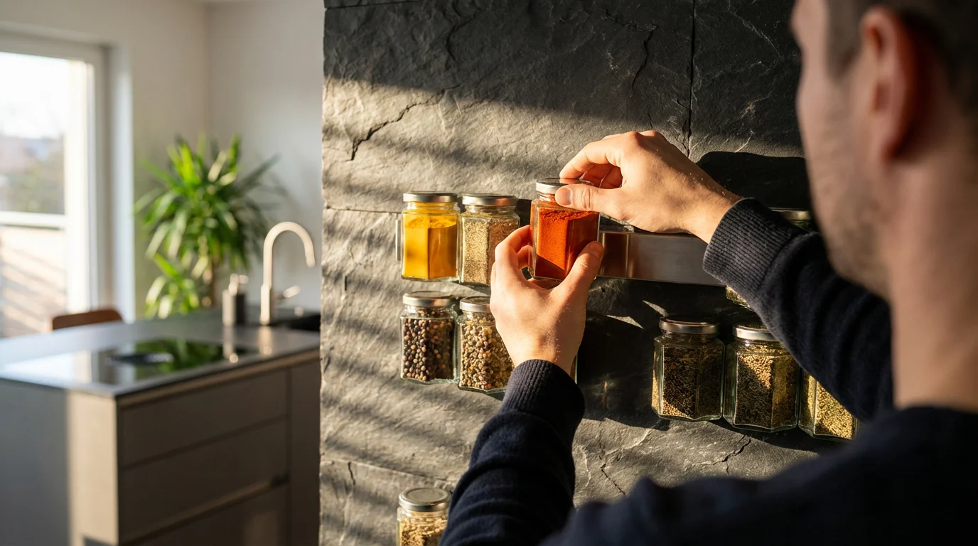 Over-the-shoulder view of a person organizing a modern wall-mounted magnetic spice rack.