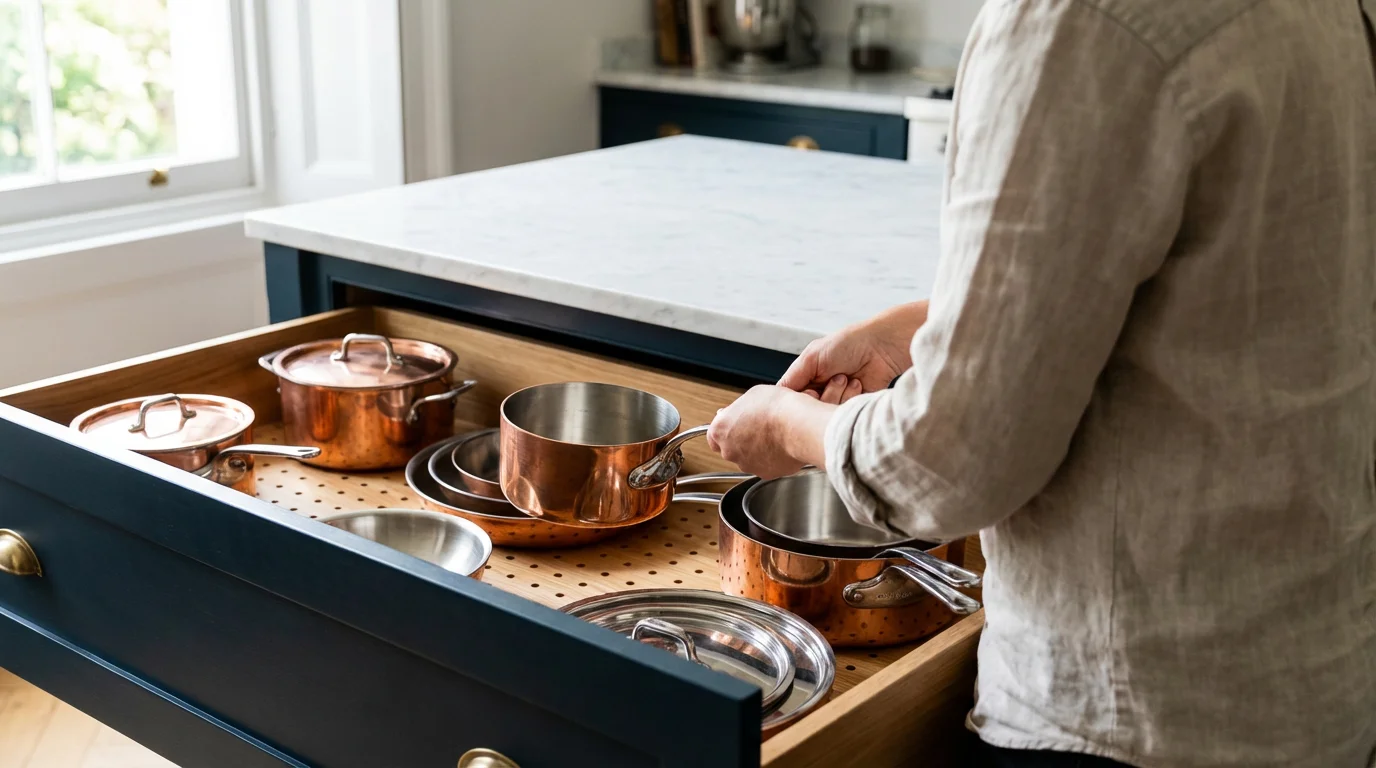 Over-the-shoulder view of a person organizing copper pots in a deep kitchen drawer.