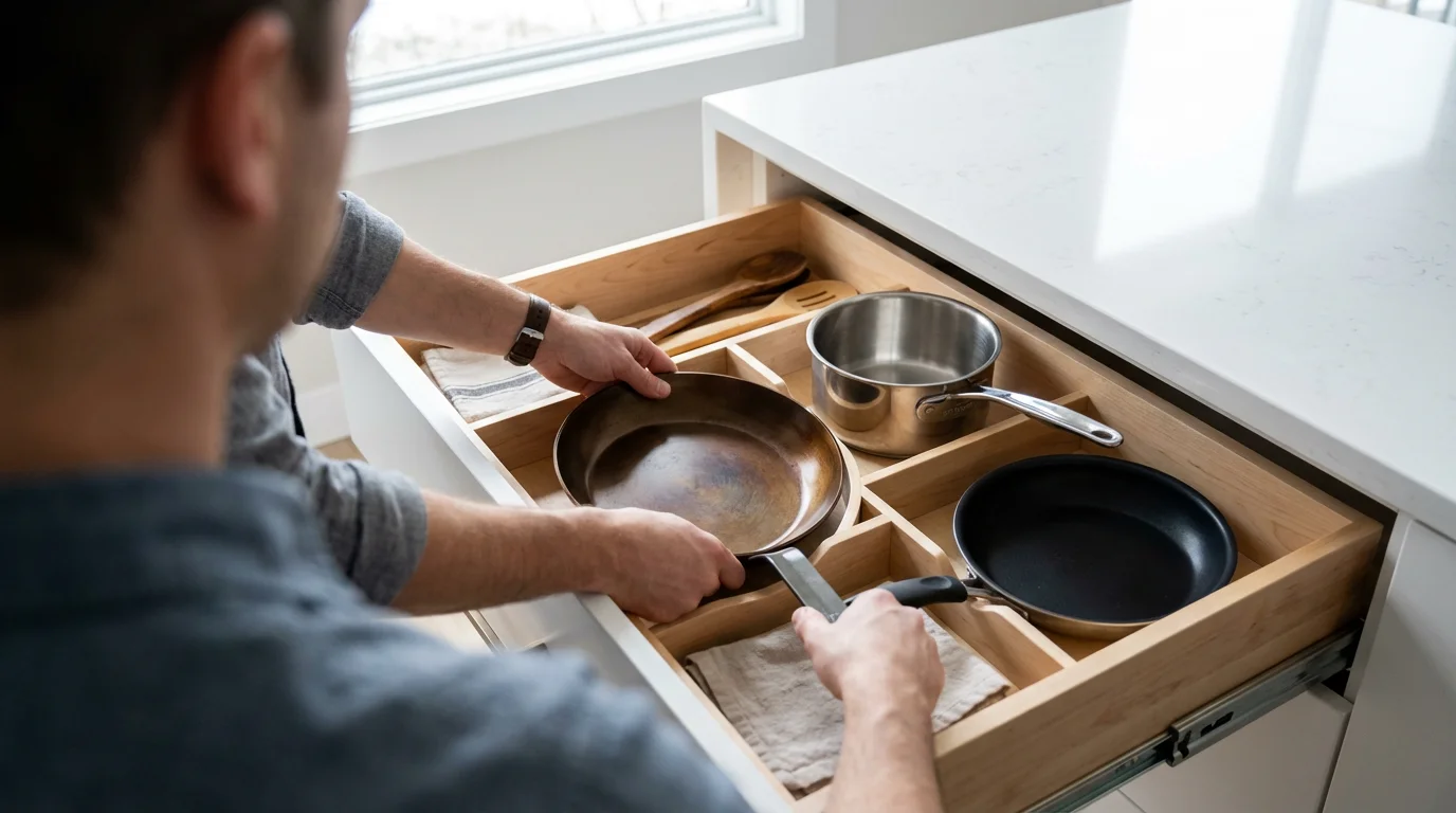 Over-the-shoulder view of a person organizing a kitchen drawer with various types of cookware.
