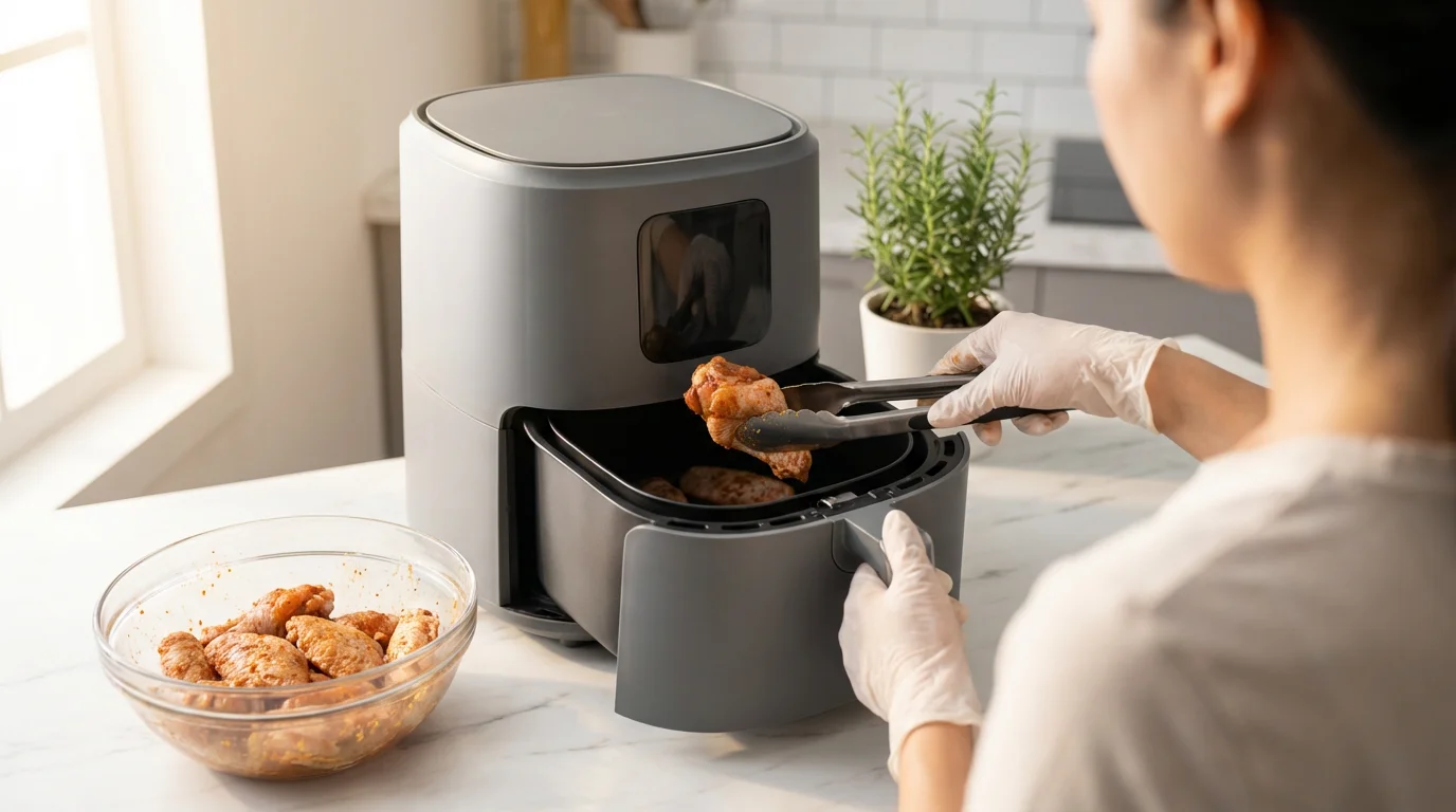 Over-the-shoulder view of a person placing seasoned chicken wings into an air fryer basket.