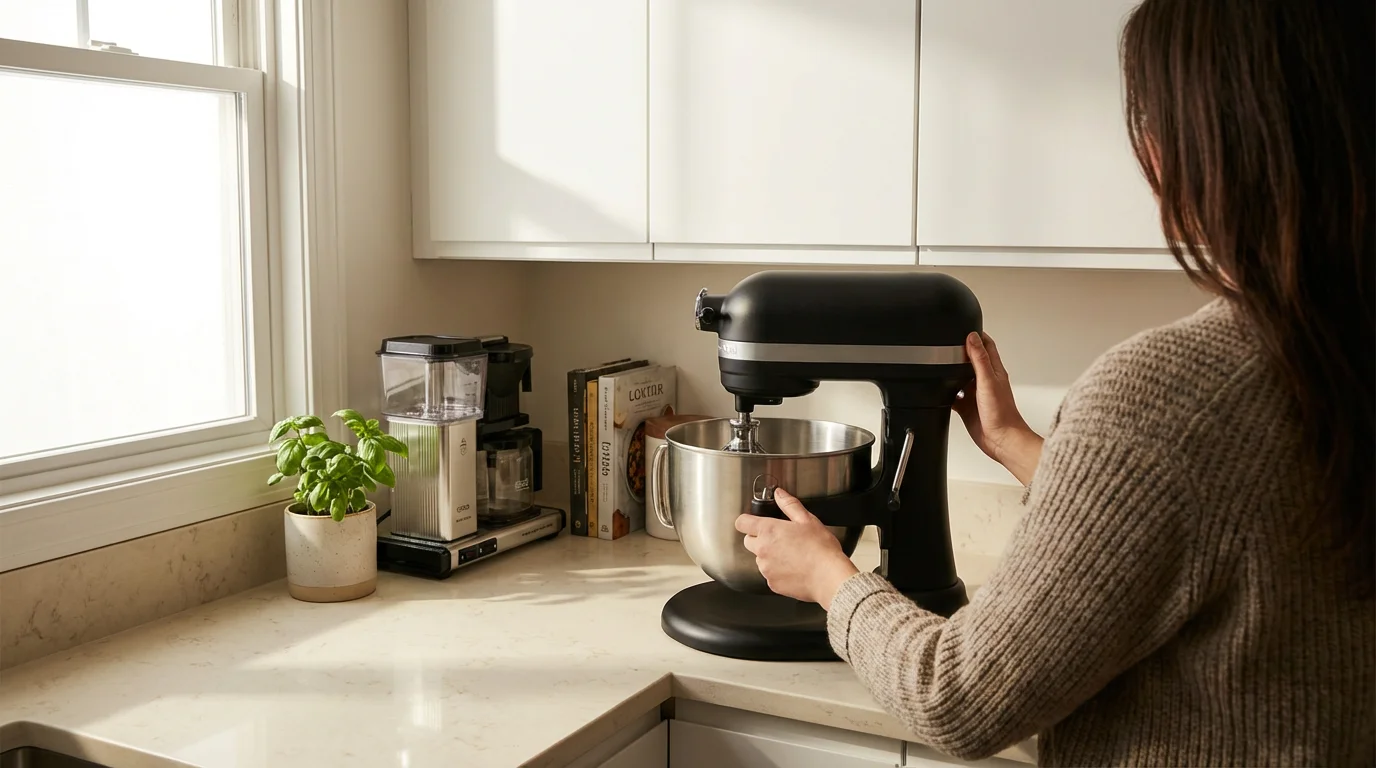 Over-the-shoulder view of a person placing a matte black stand mixer on a kitchen counter.