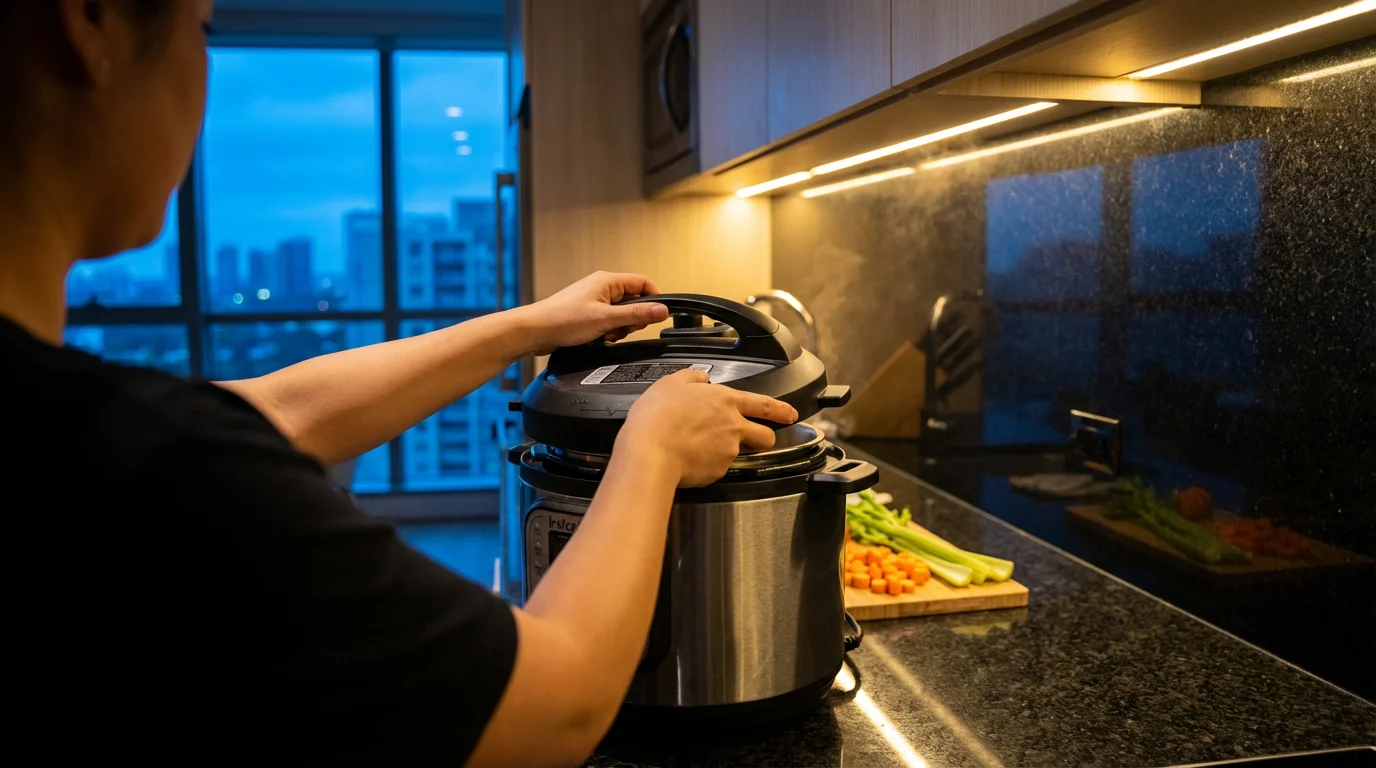 Over-the-shoulder view of a person putting the lid on an Instant Pot in a kitchen at dusk.