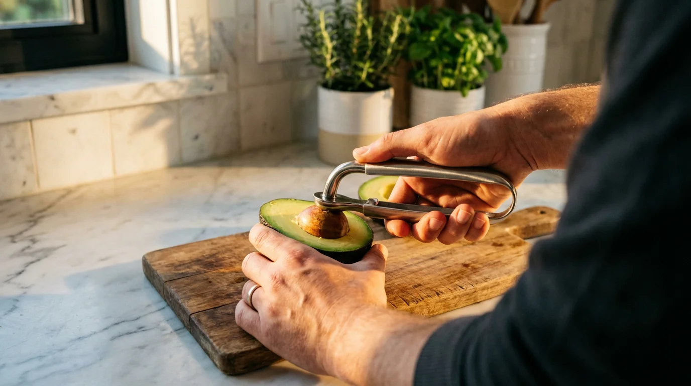 Over-the-shoulder view of a person safely removing an avocado pit with a pitter tool.