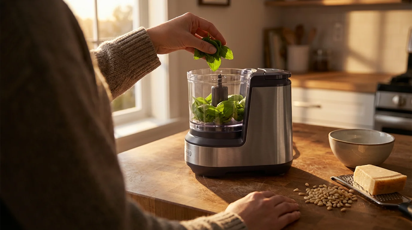 Over-the-shoulder view of a person using a small food processor in a sunlit kitchen.