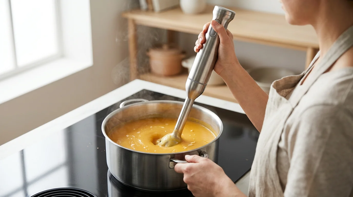 Over-the-shoulder view of a person using a cordless immersion blender in a pot of soup.