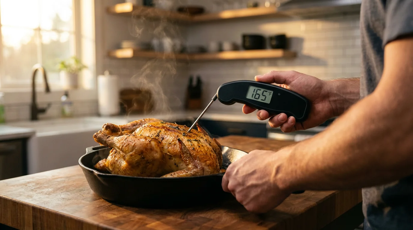 Over-the-shoulder view of a person using an instant-read thermometer on a roasted chicken.