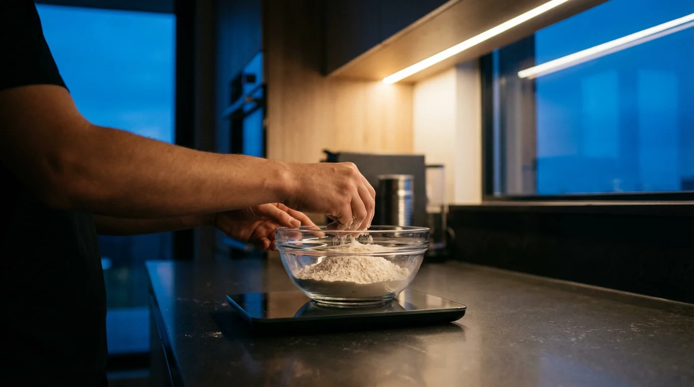 Over-the-shoulder view of a person weighing flour on a digital kitchen scale at dusk.