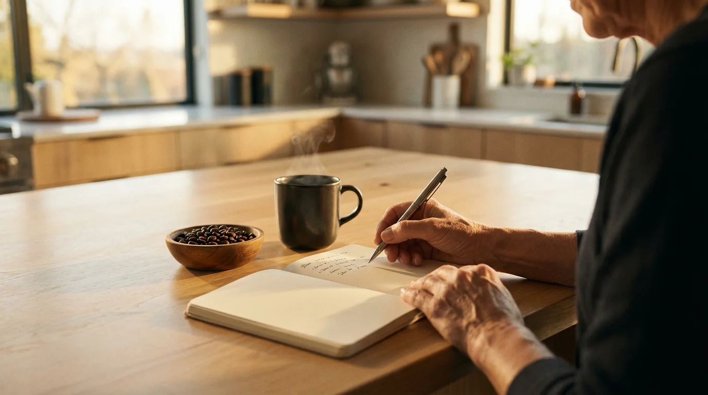 Over-the-shoulder view of a person writing in a notebook beside a coffee cup.