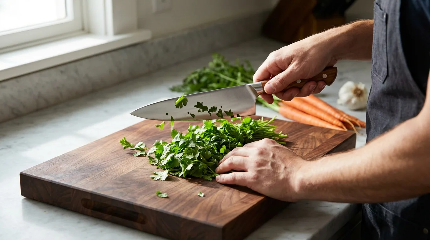 Over-the-shoulder view of a person's hands skillfully chopping fresh herbs with a chef's knife.