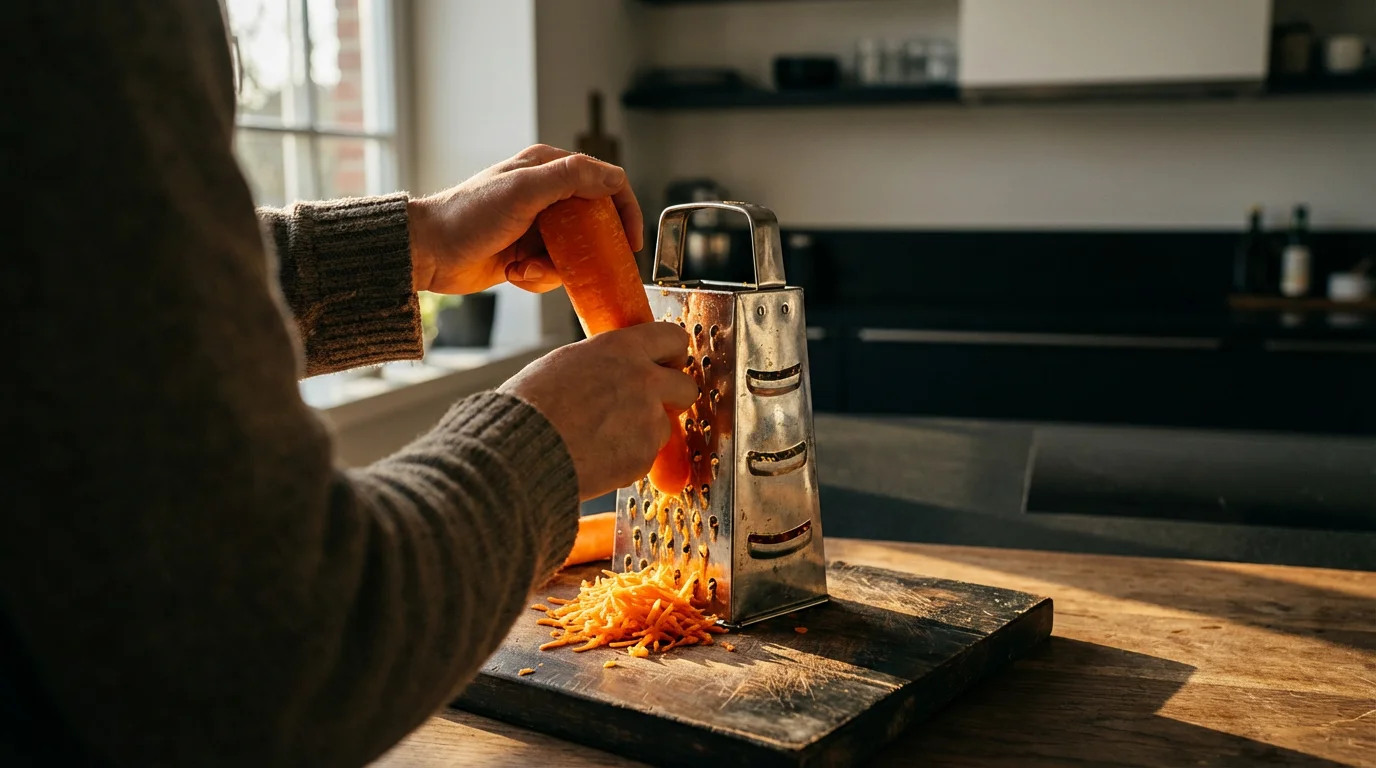 Over-the-shoulder view of a person's hands grating a fresh carrot on a box grater.