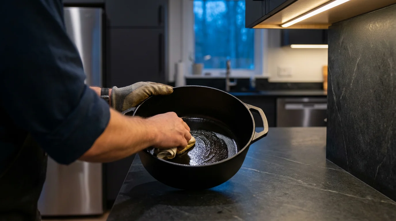 Over-the-shoulder view of a person's hands seasoning a bare cast iron Dutch oven.