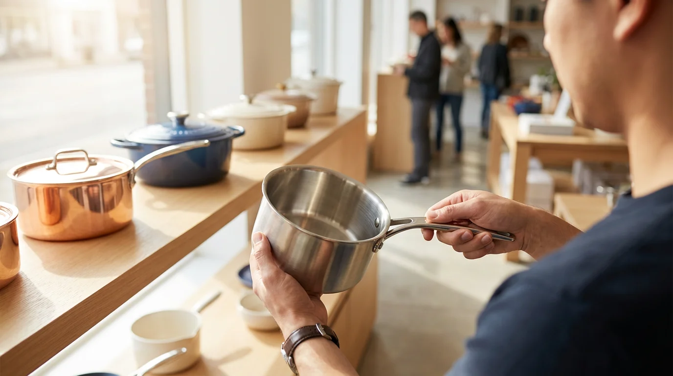 Over-the-shoulder view of a person's hands inspecting a stainless steel saucepan in a store.