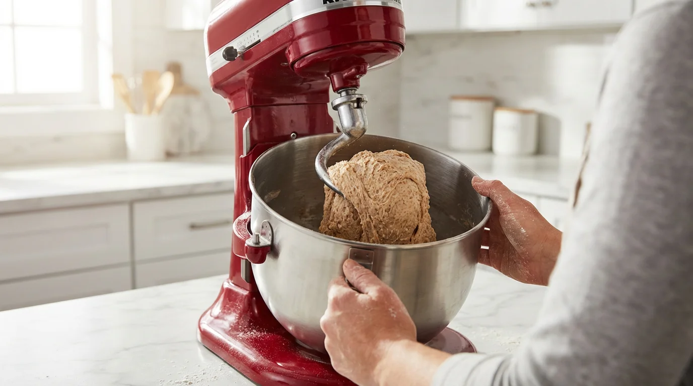 Over-the-shoulder view of a powerful stand mixer kneading heavy bread dough in a kitchen.