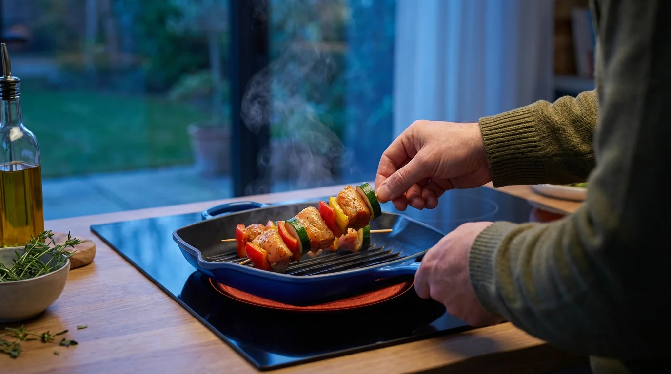 Over-the-shoulder view of chicken and vegetable skewers searing on a blue enameled grill pan.