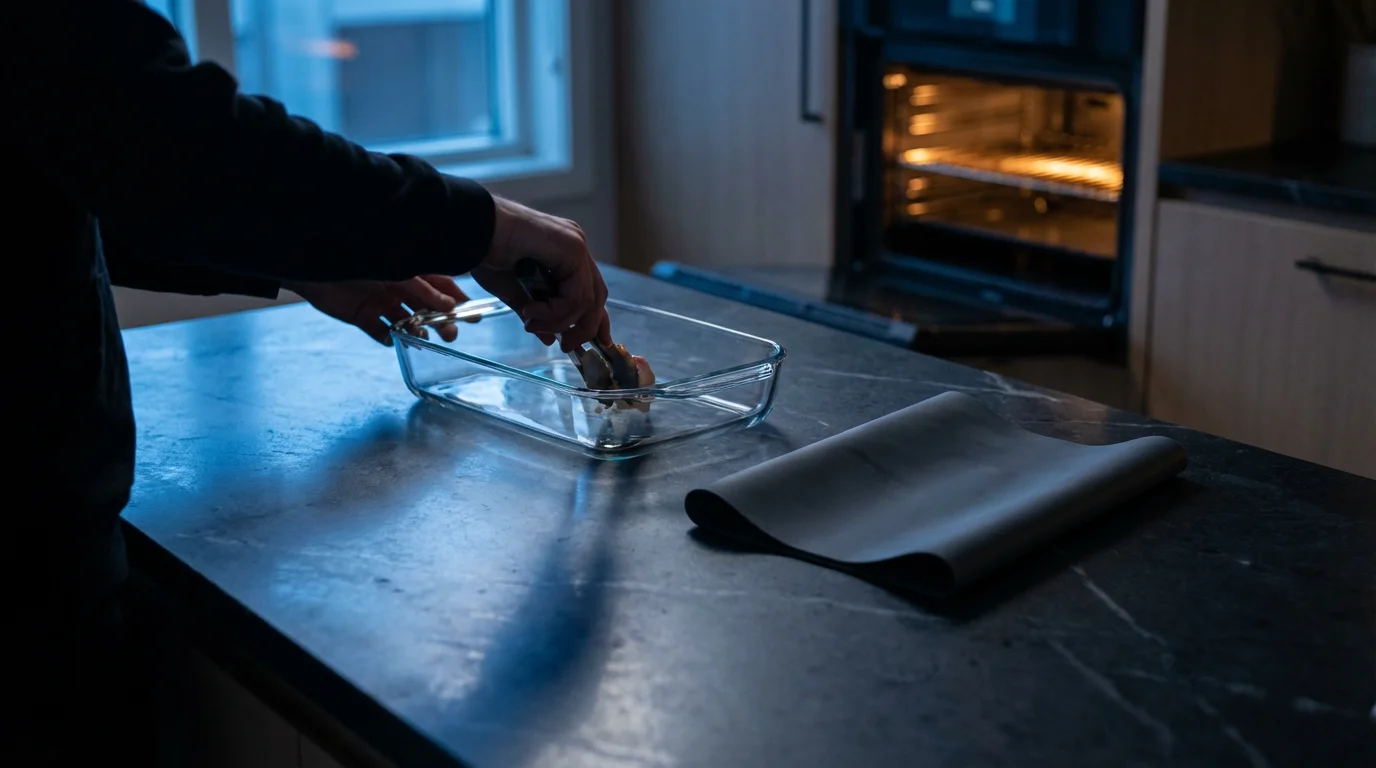 Over-the-shoulder view of glass and silicone casserole dishes on a dark kitchen counter.