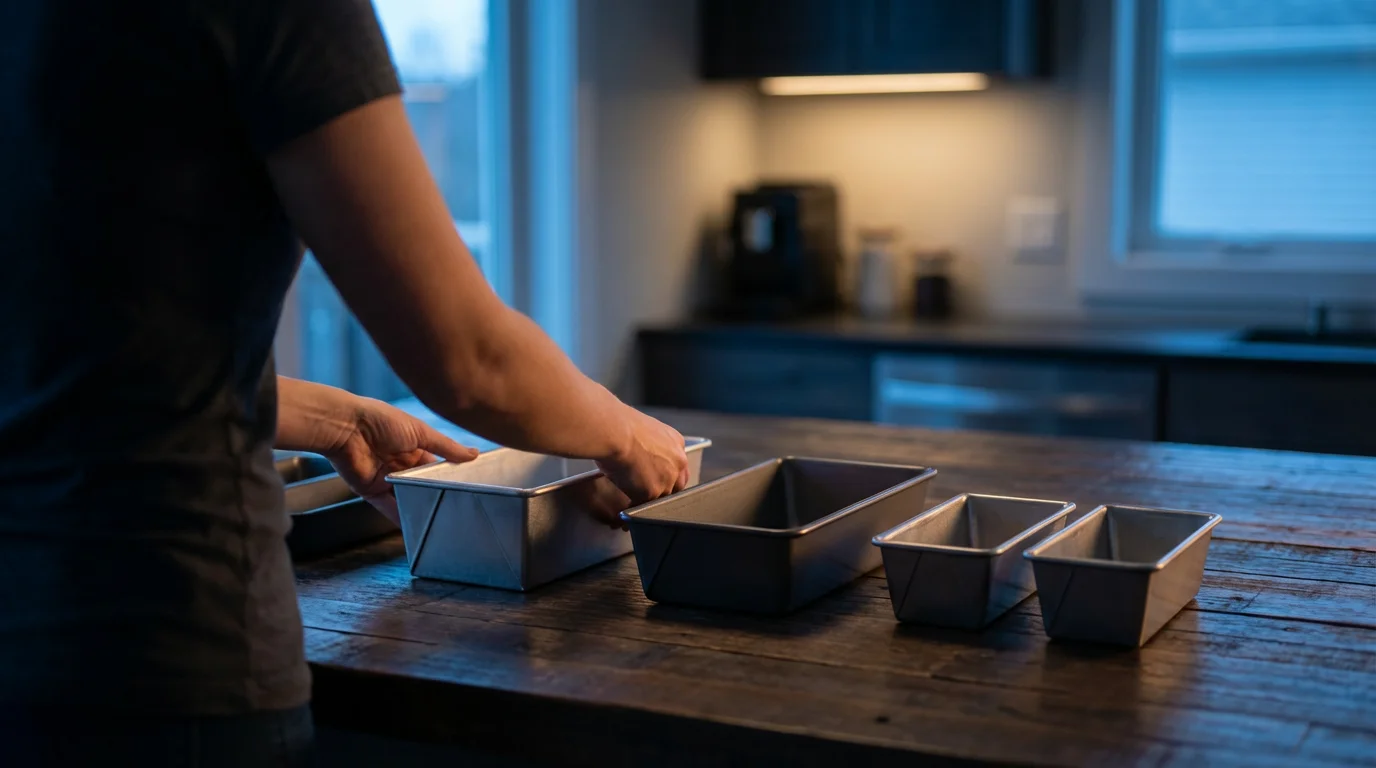 Over-the-shoulder view of hands arranging a versatile collection of different loaf pans.