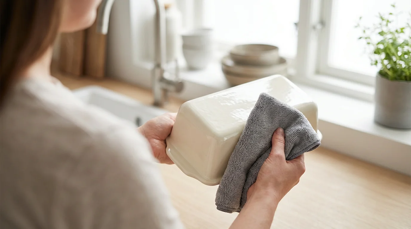 Over-the-shoulder view of hands carefully drying a clean ceramic loaf pan with a cloth.