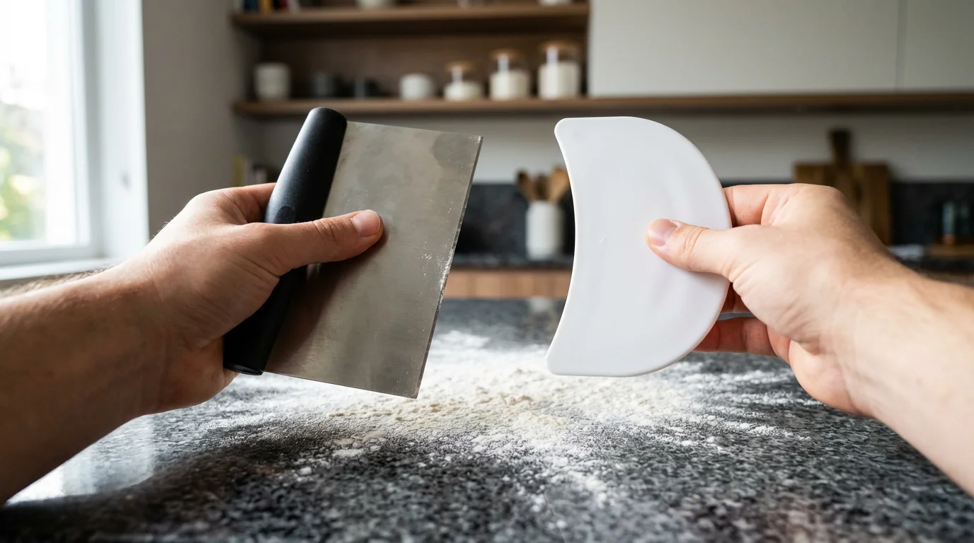 Over-the-shoulder view of hands comparing a metal bench scraper and a flexible plastic scraper.