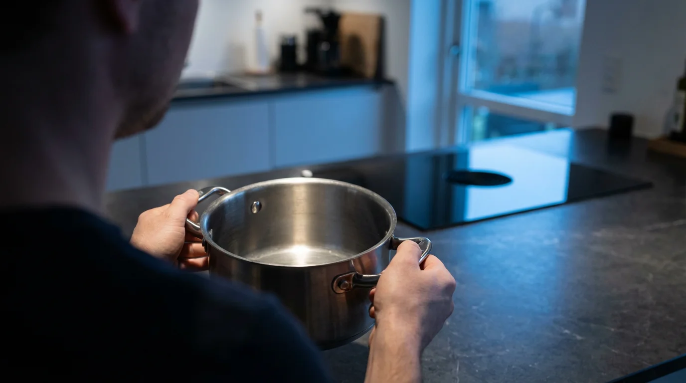 Over-the-shoulder view of hands inspecting a high-quality stainless steel saucepan during blue hour.