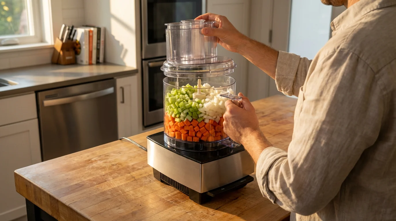 Over-the-shoulder view of hands opening a food processor filled with finely diced vegetables.