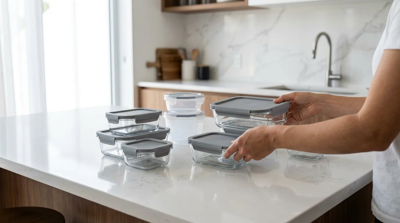 Over-the-shoulder view of hands organizing glass and plastic food storage containers on a kitchen island.