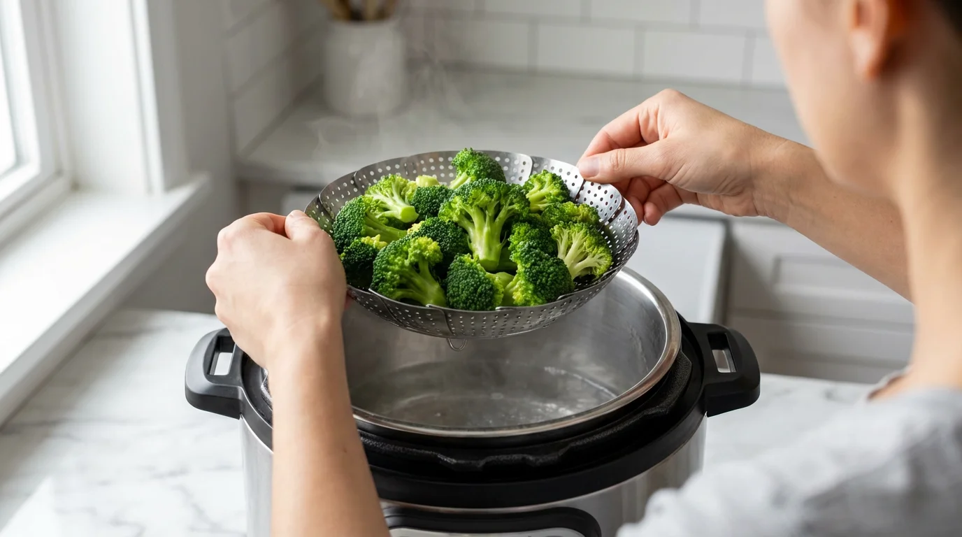 Over-the-shoulder view of hands placing a steamer basket of broccoli into a multi-cooker.