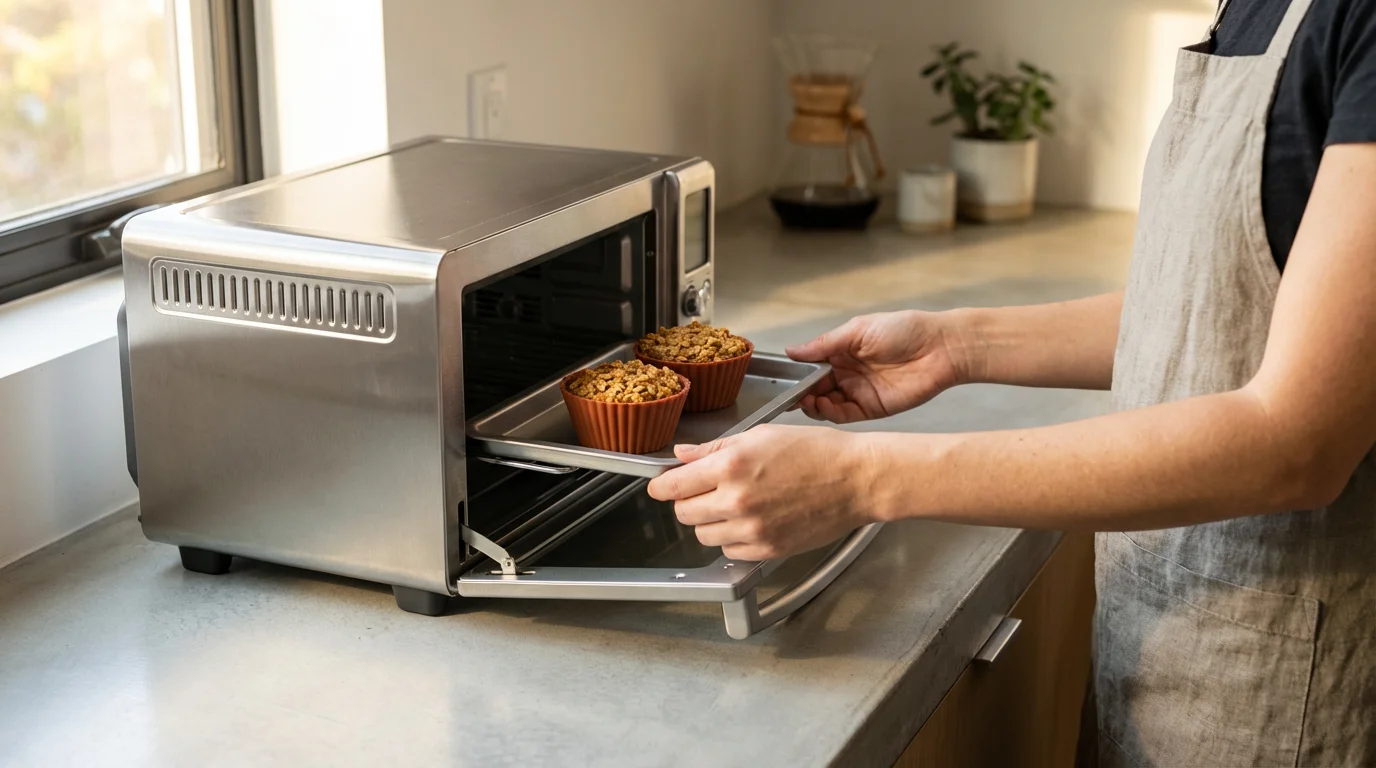 Over-the-shoulder view of hands placing baked oatmeal cups into a compact toaster oven.