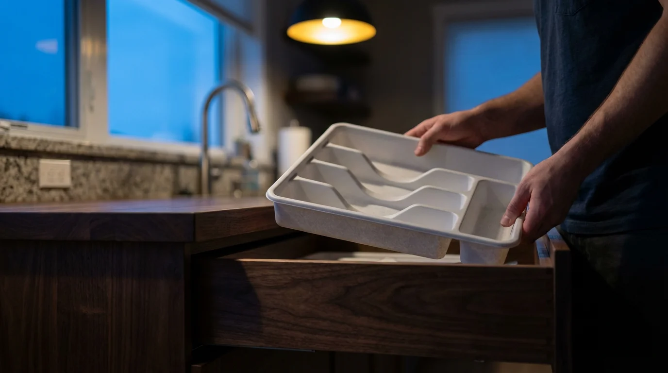 Over-the-shoulder view of hands placing a basic white plastic organizer into a kitchen drawer.