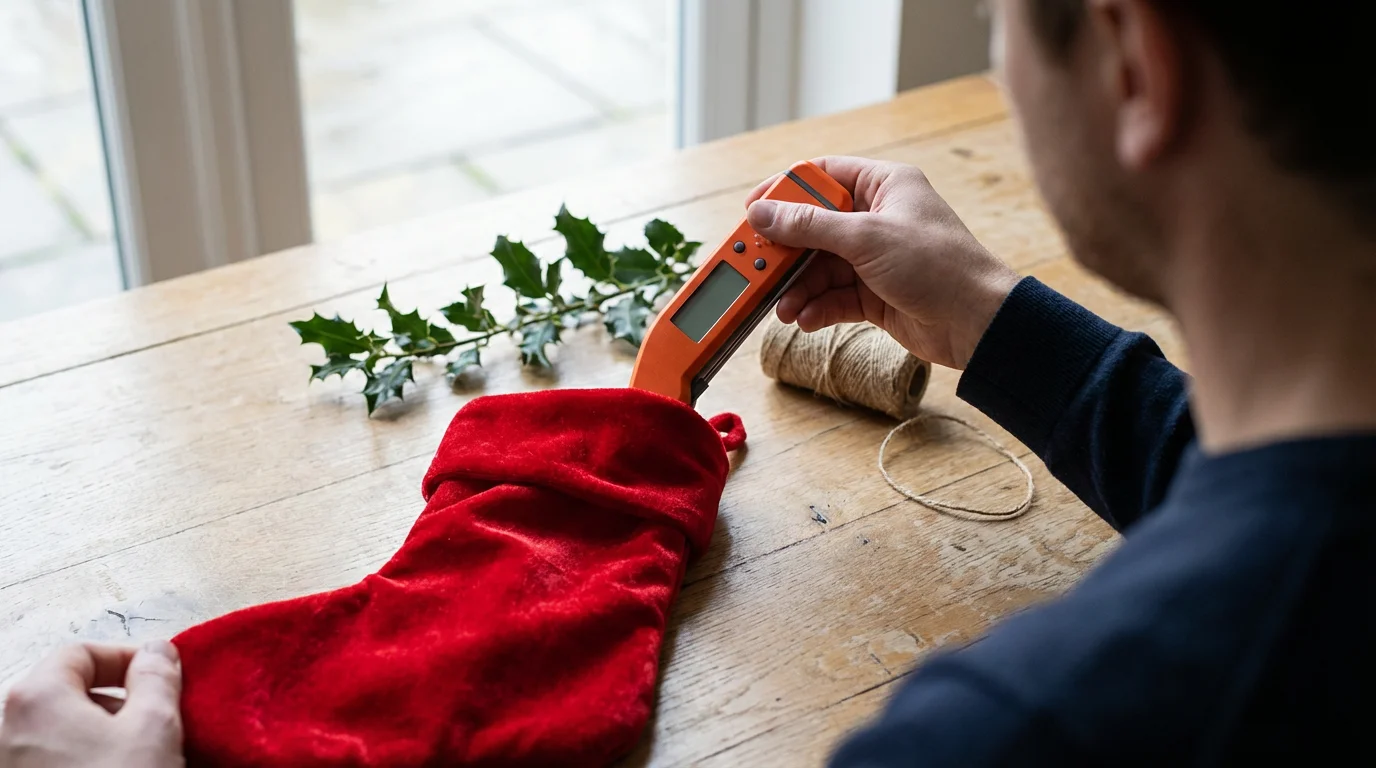 Over-the-shoulder view of hands placing a digital meat thermometer into a red Christmas stocking.