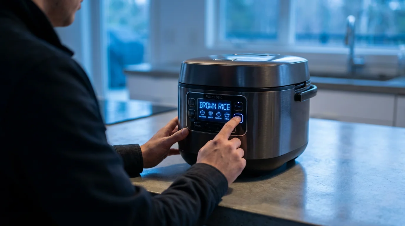 Over-the-shoulder view of hands programming a high-tech fuzzy logic rice cooker at dusk.