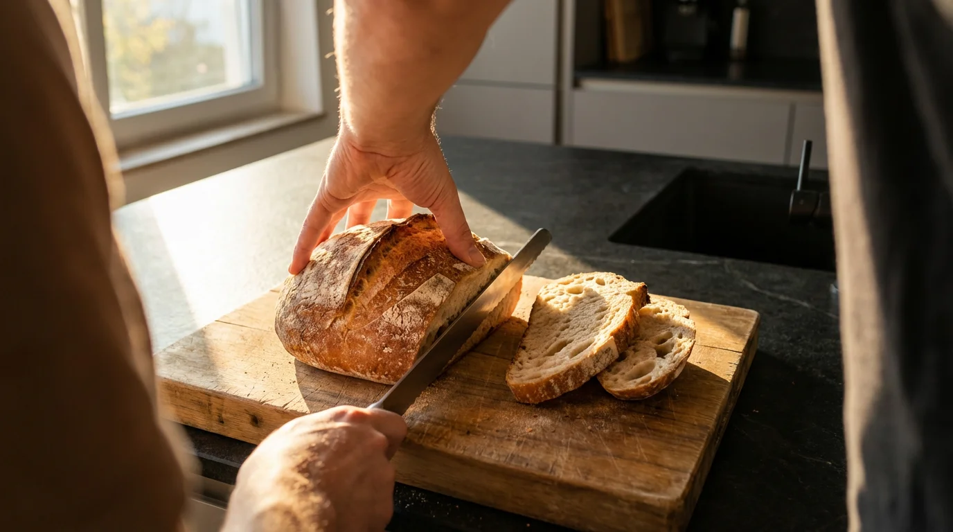 Over-the-shoulder view of hands safely slicing a rustic sourdough loaf with a serrated knife.