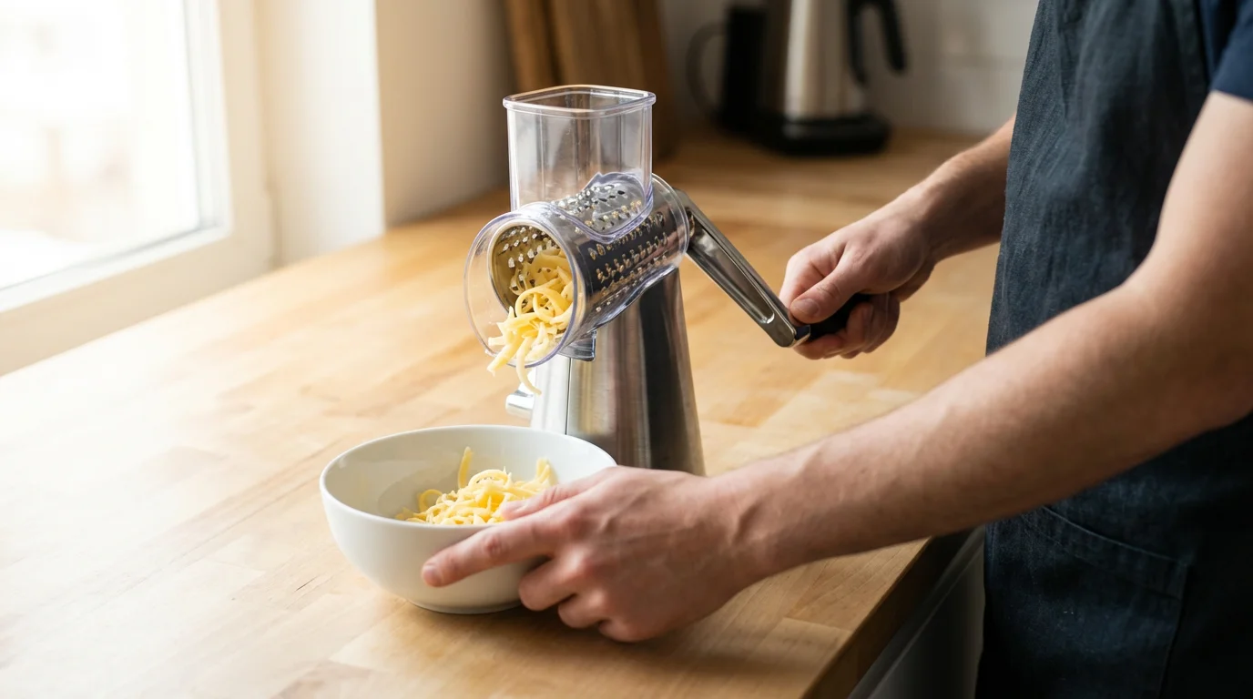 Over-the-shoulder view of hands safely using an ergonomic rotary cheese grater in a kitchen.