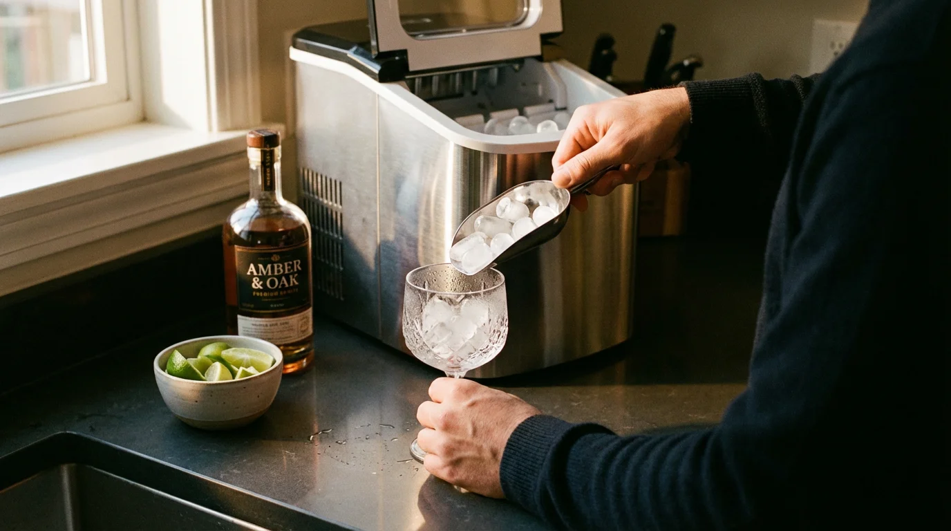 Over-the-shoulder view of hands scooping ice from a countertop ice maker into a glass.