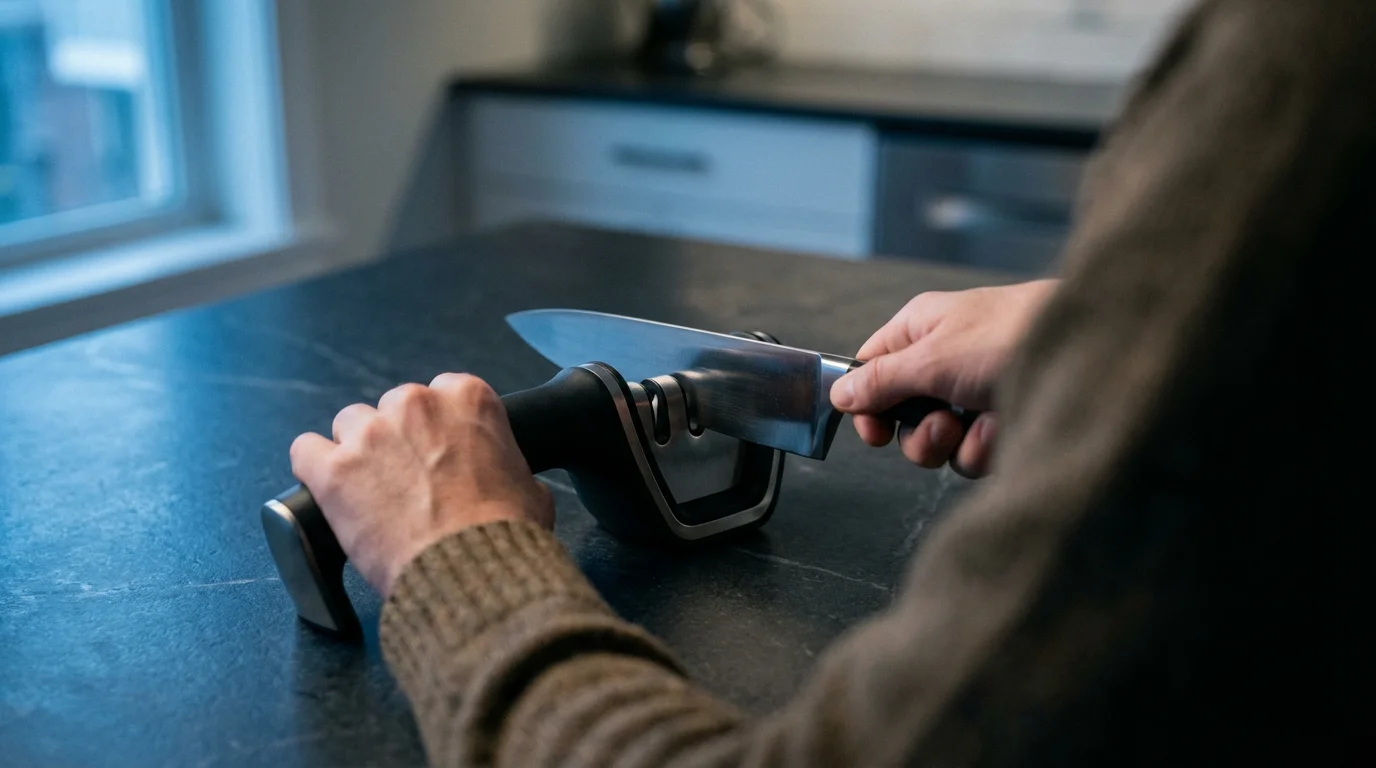 Over-the-shoulder view of hands sharpening a chef's knife with a pull-through sharpener.