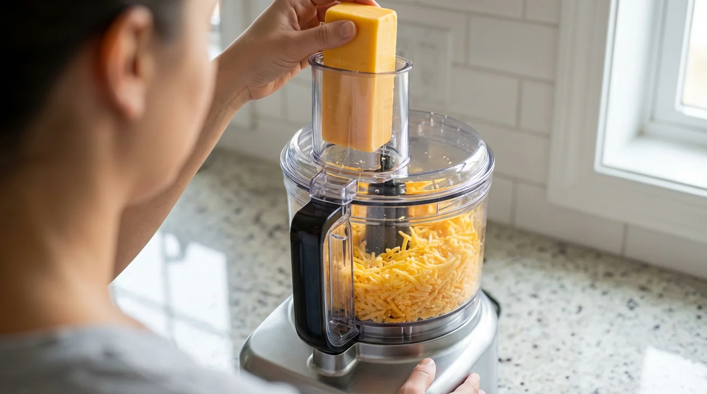 Over-the-shoulder view of hands shredding cheddar cheese in a food processor by a window.