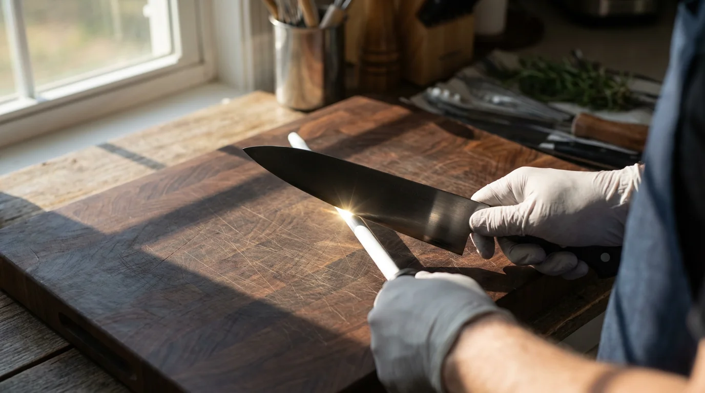 Over-the-shoulder view of hands skillfully honing a chef's knife on a ceramic rod.