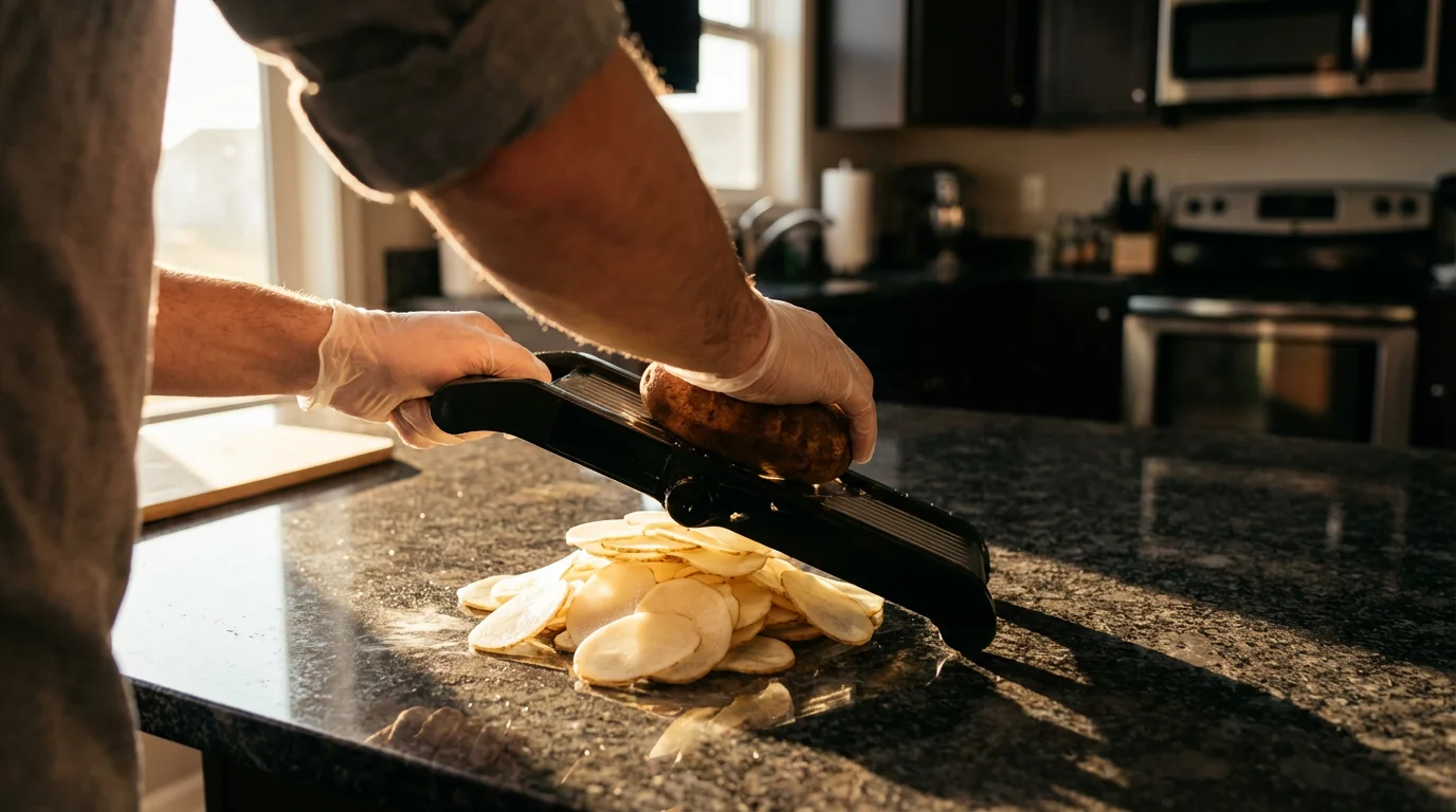 Over-the-shoulder view of hands slicing a potato on a mandoline creating uniform slices.