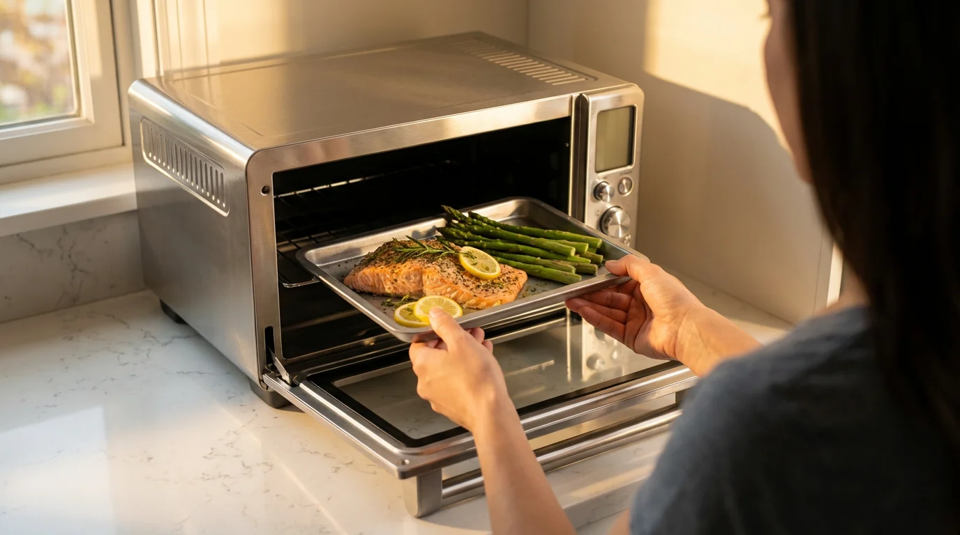 Over-the-shoulder view of hands sliding a baking sheet with salmon and asparagus into a toaster oven.