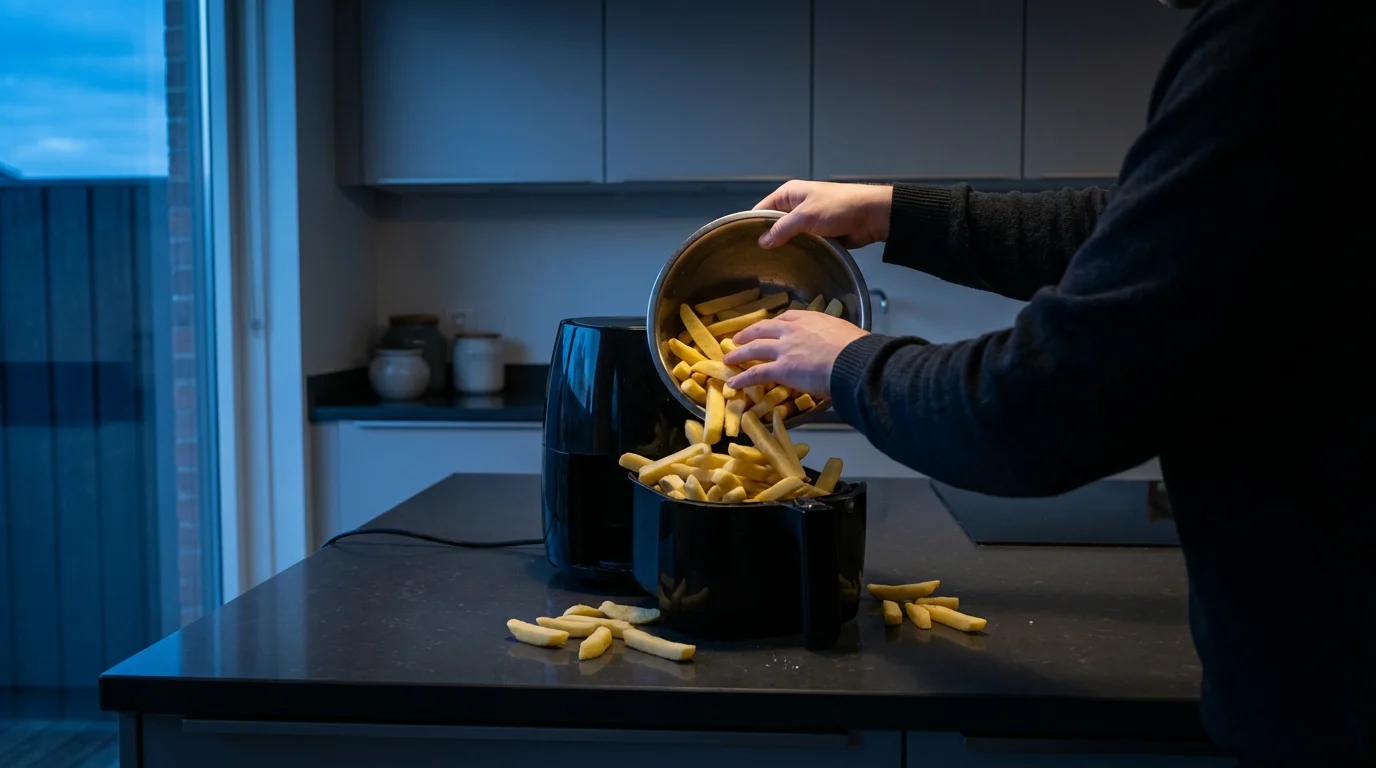 Over-the-shoulder view of hands struggling to fit too many fries into a small air fryer basket.