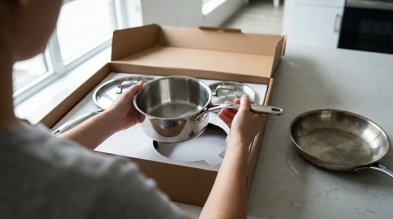 Over-the-shoulder view of hands unboxing a new stainless steel cookware set in a kitchen.