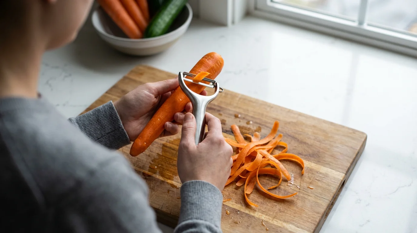 Over-the-shoulder view of hands using a sharp Y-peeler on a carrot in a kitchen.