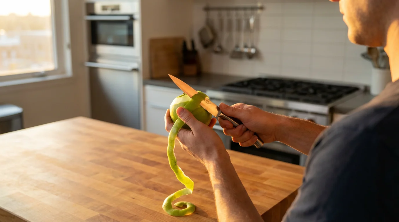 Over-the-shoulder view of hands using a paring knife to expertly peel a green apple.