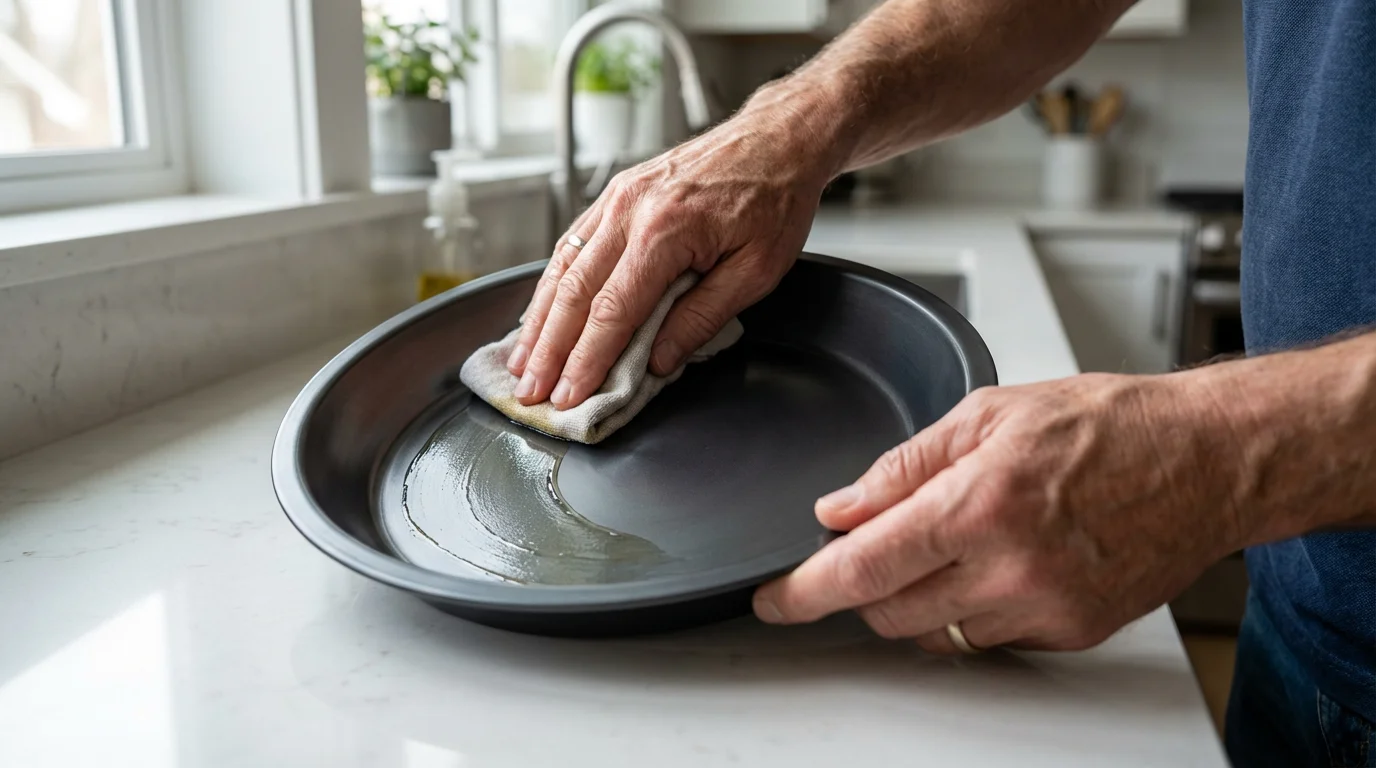 Over-the-shoulder view of hands using a cloth to season a carbon steel pie plate.