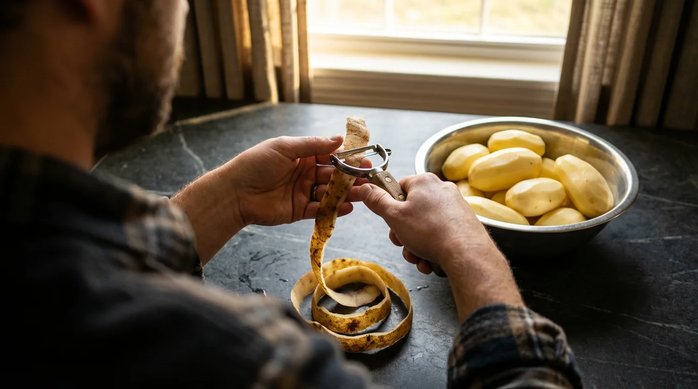 Over-the-shoulder view of hands using a straight vegetable peeler on a potato.