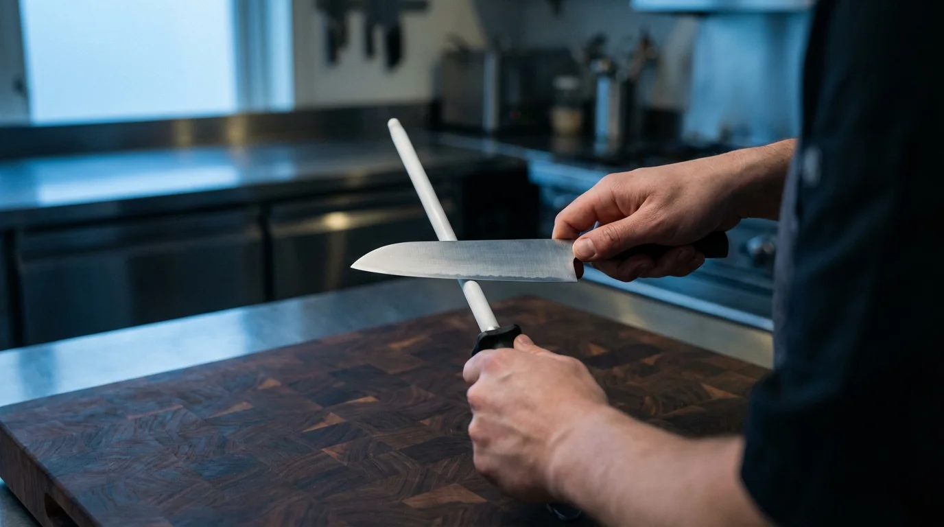 Over-the-shoulder view of hands using a ceramic honing rod on a santoku knife.