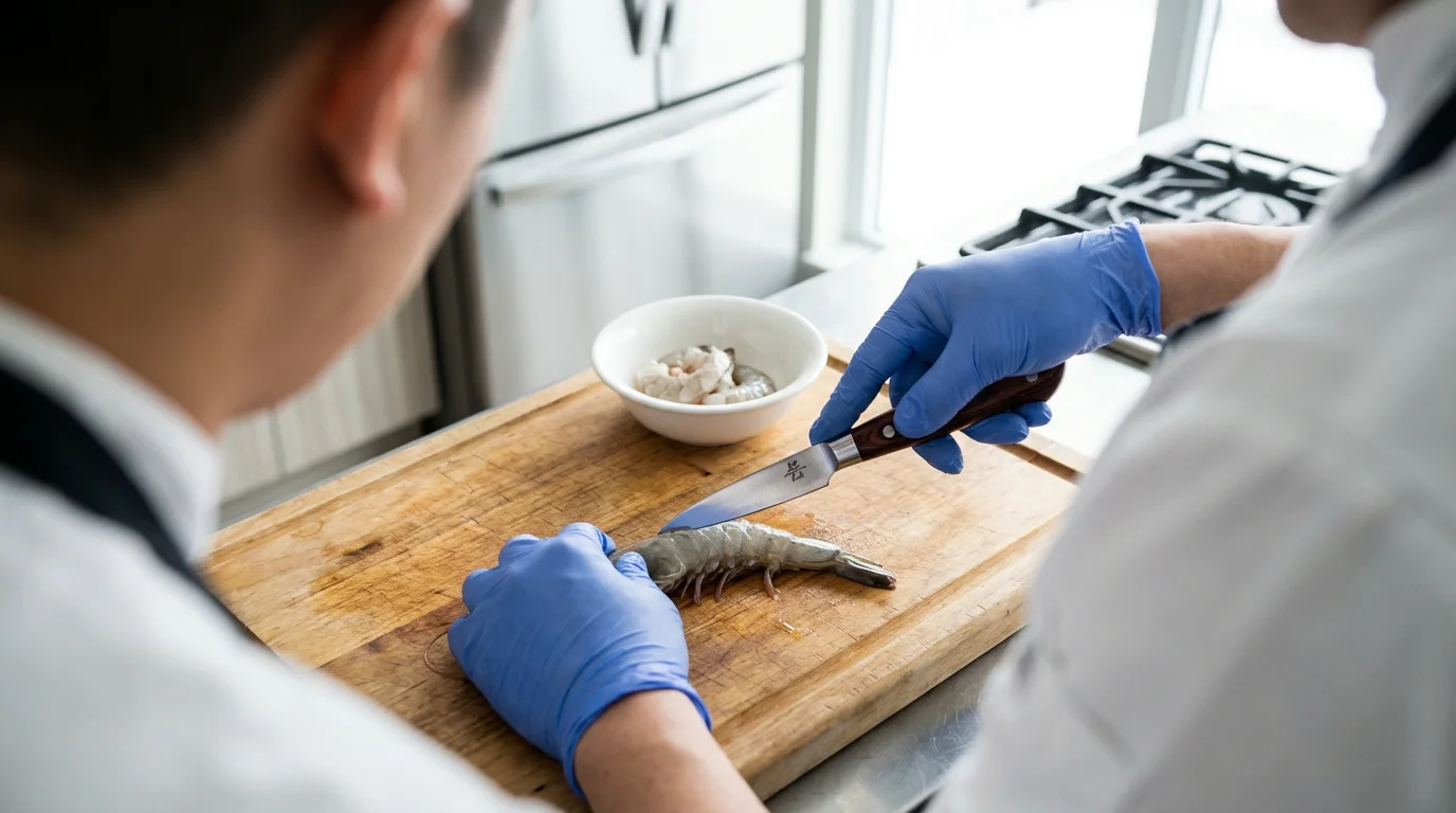 Over-the-shoulder view of hands using a sharp paring knife to devein shrimp.