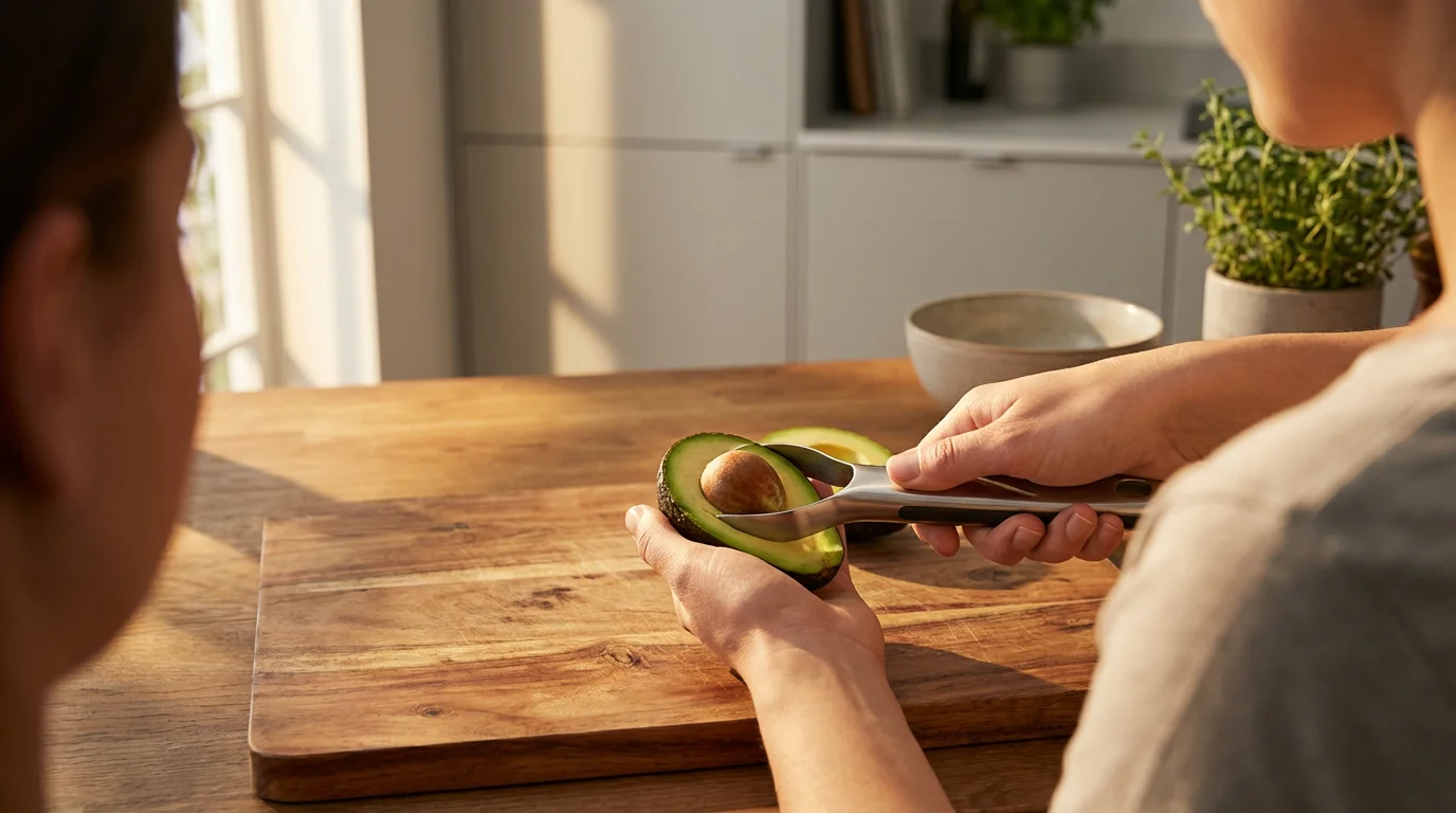 Over-the-shoulder view of hands using a modern avocado slicer tool in a sunlit kitchen.
