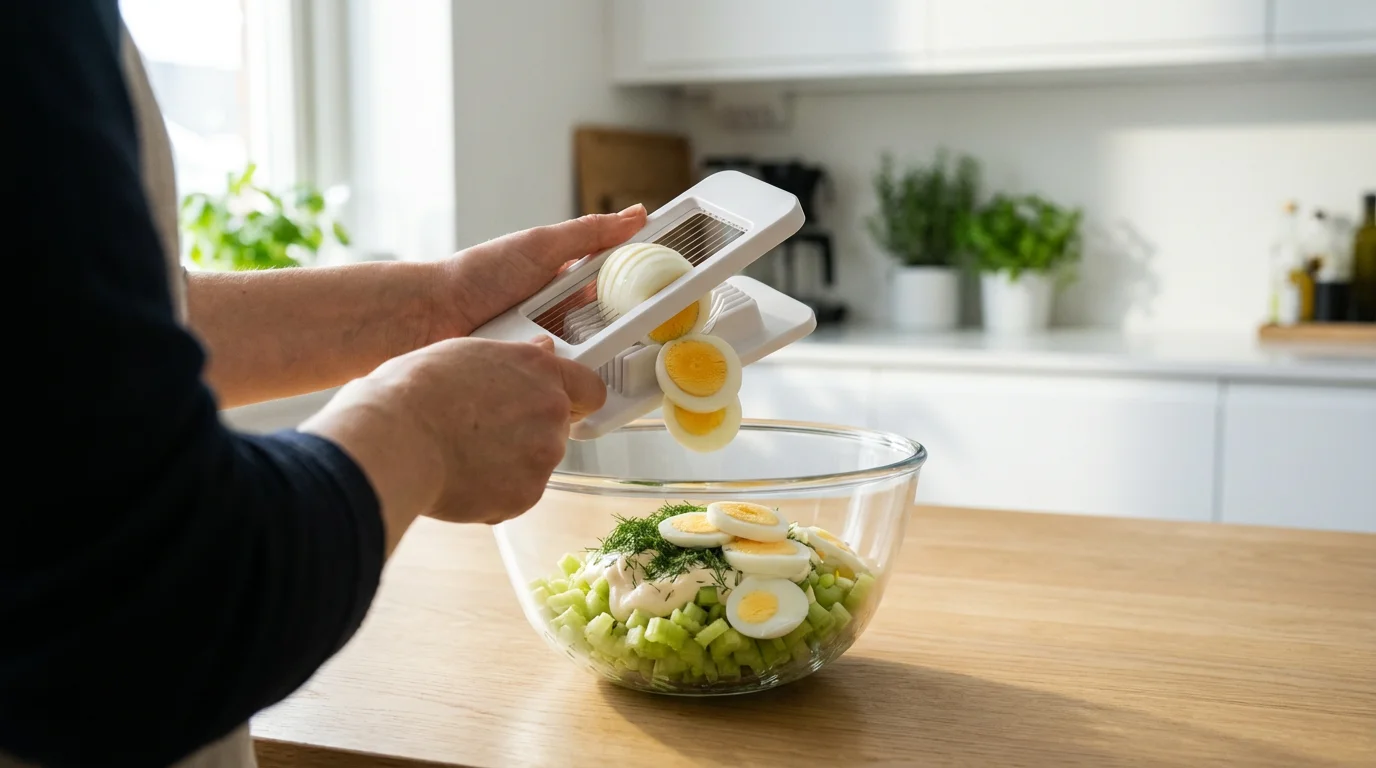 Over-the-shoulder view of hands using an egg slicer to make fresh egg salad.