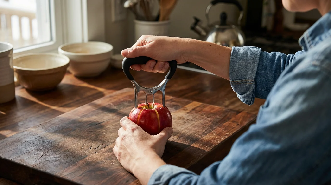 Over-the-shoulder view of hands using an all-in-one apple corer-slicer tool on a red apple.